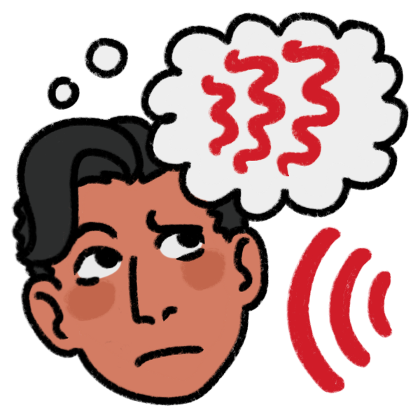 a person hearing red sound waves, and thinking of distorted sound waves in confusion. They have medium toned skin and with short dark hair.